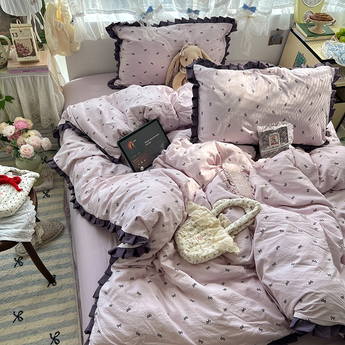 91家纺网 家纺一手货源 找家纺 原素 2025少女心云感双层纱皱皱边花卉四件套 蝴蝶结紫