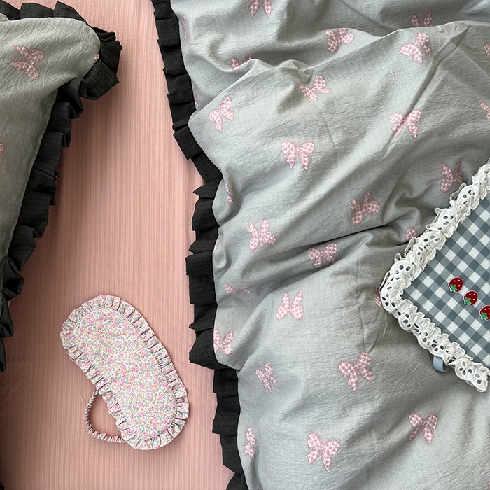 91家纺网 家纺一手货源 找家纺 原素 2025少女心云感双层纱皱皱边花卉四件套 蝴蝶结粉