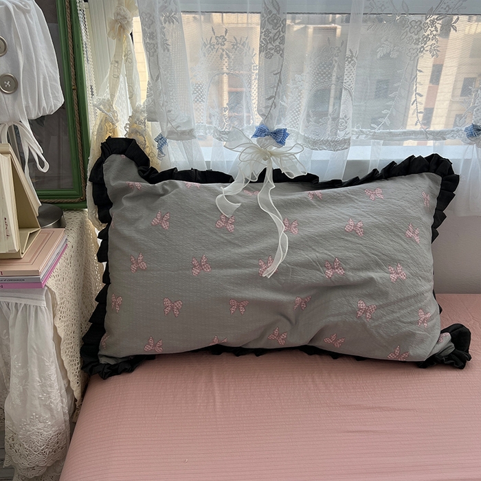 91家纺网 家纺一手货源 找家纺 原素 2025少女心云感双层纱皱皱边花卉四件套 蝴蝶结粉