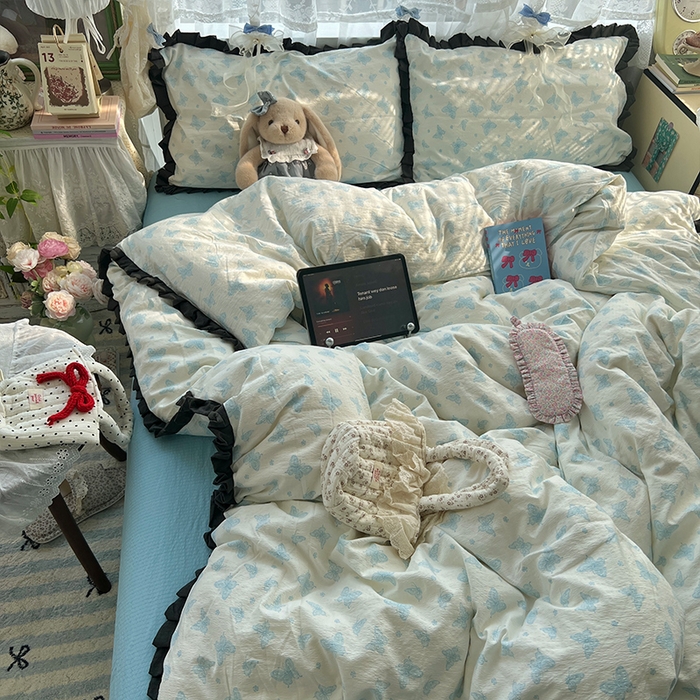 原素 2025少女心云感双层纱皱皱边花卉四件套 蝴蝶兰