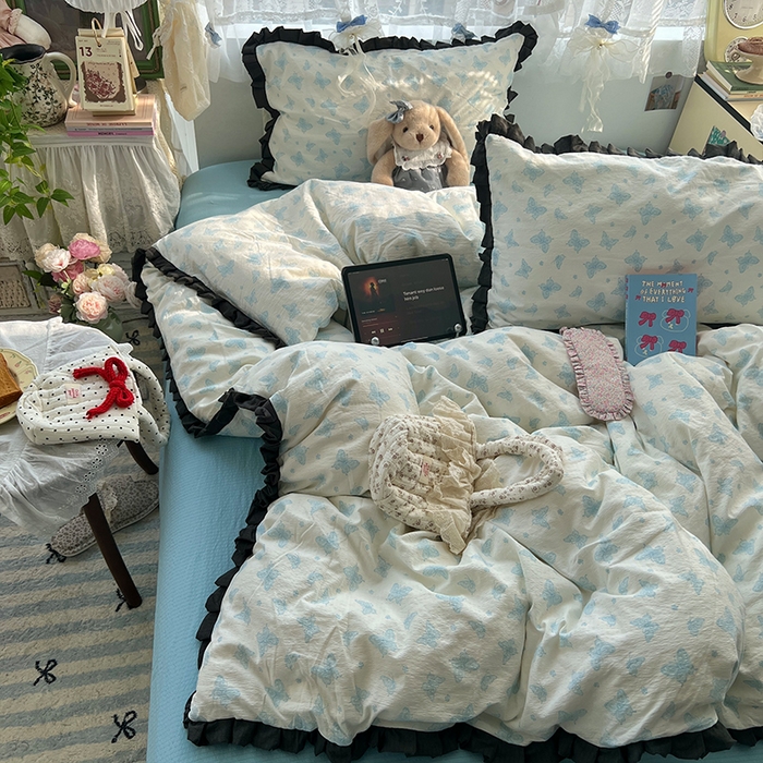 91家纺网 家纺一手货源 找家纺 原素 2025少女心云感双层纱皱皱边花卉四件套 蝴蝶兰