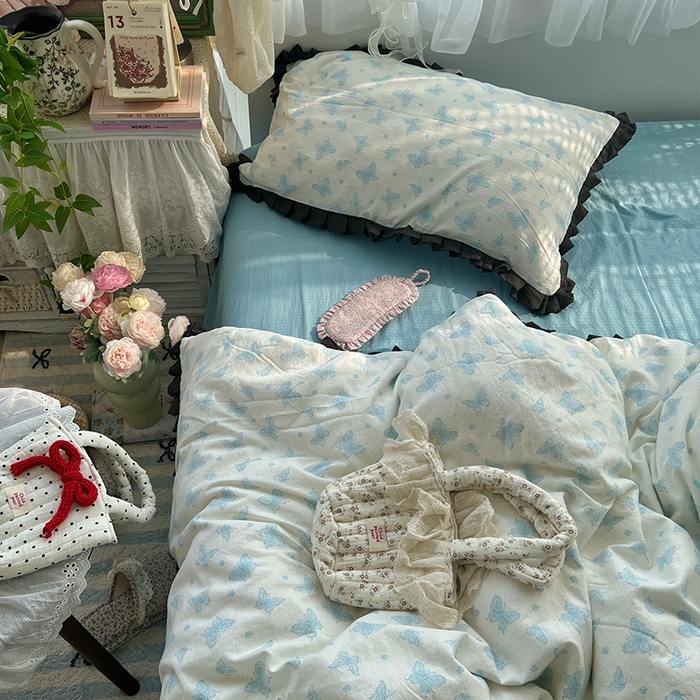 91家纺网 家纺一手货源 找家纺 原素 2025少女心云感双层纱皱皱边花卉四件套 蝴蝶兰