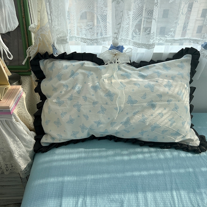 91家纺网 家纺一手货源 找家纺 原素 2025少女心云感双层纱皱皱边花卉四件套 蝴蝶兰