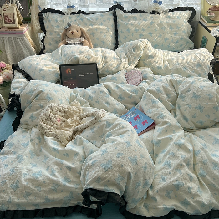 91家纺网 家纺一手货源 找家纺 原素 2025少女心云感双层纱皱皱边花卉四件套 蝴蝶兰