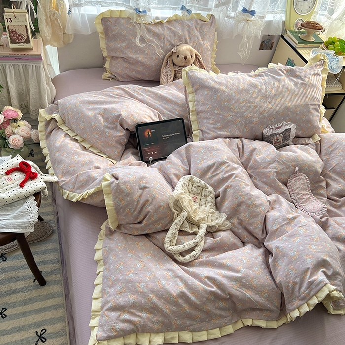 91家纺网 家纺一手货源 找家纺 原素 2025少女心云感双层纱皱皱边花卉四件套 花伴