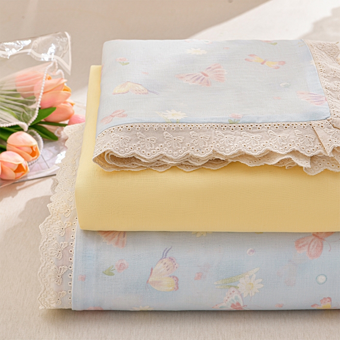 绘萱家居 2026春夏新款纯棉100%全棉双层纱镂空花边工艺款床裙四件套 CQ雨蝶-蓝