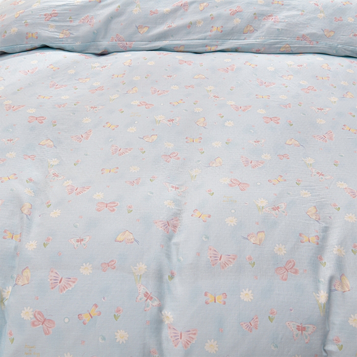 91家纺网 家纺一手货源 找家纺 绘萱家居 2026春夏新款纯棉100%全棉双层纱镂空花边工艺款床裙四件套 CQ雨蝶-蓝