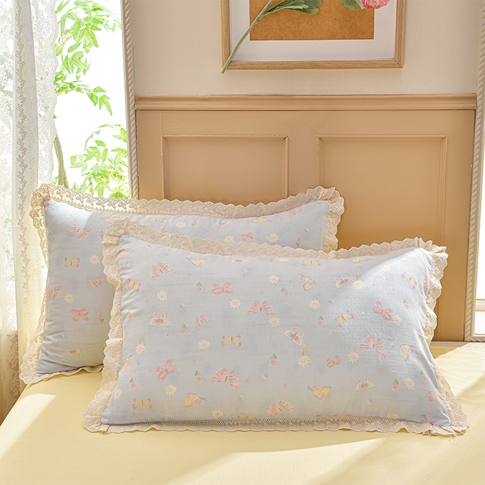 91家纺网 家纺一手货源 找家纺 绘萱家居 2026春夏新款纯棉100%全棉双层纱镂空花边工艺款床裙四件套 CQ雨蝶-蓝