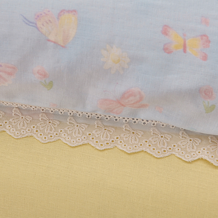 91家纺网 家纺一手货源 找家纺 绘萱家居 2026春夏新款纯棉100%全棉双层纱镂空花边工艺款床裙四件套 CQ雨蝶-蓝