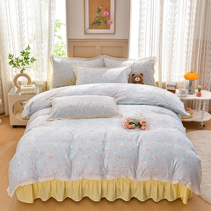 91家纺网 家纺一手货源 找家纺 绘萱家居 2026春夏新款纯棉100%全棉双层纱镂空花边工艺款床裙四件套 CQ雨蝶-蓝