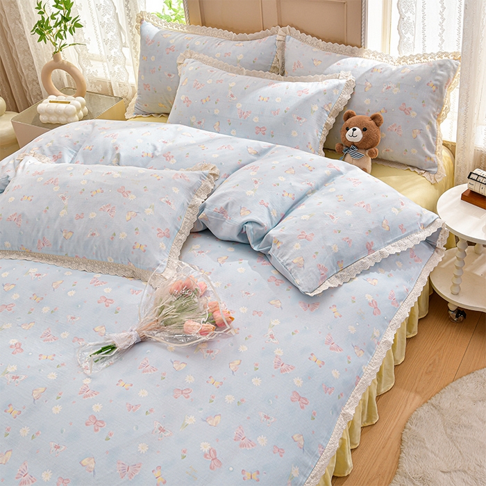 91家纺网 家纺一手货源 找家纺 绘萱家居 2026春夏新款纯棉100%全棉双层纱镂空花边工艺款床裙四件套 CQ雨蝶-蓝