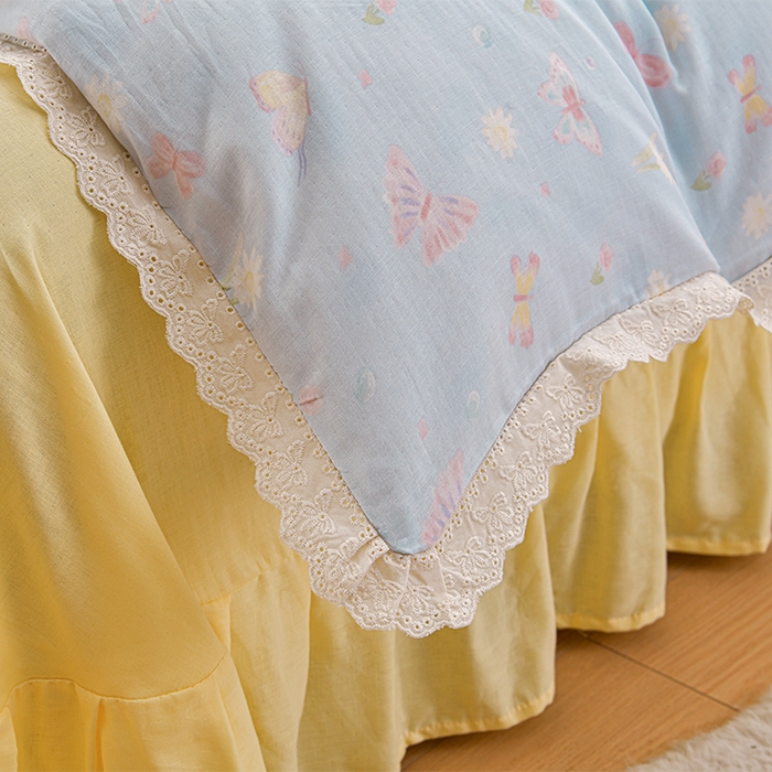 91家纺网 家纺一手货源 找家纺 绘萱家居 2026春夏新款纯棉100%全棉双层纱镂空花边工艺款床裙四件套 CQ雨蝶-蓝