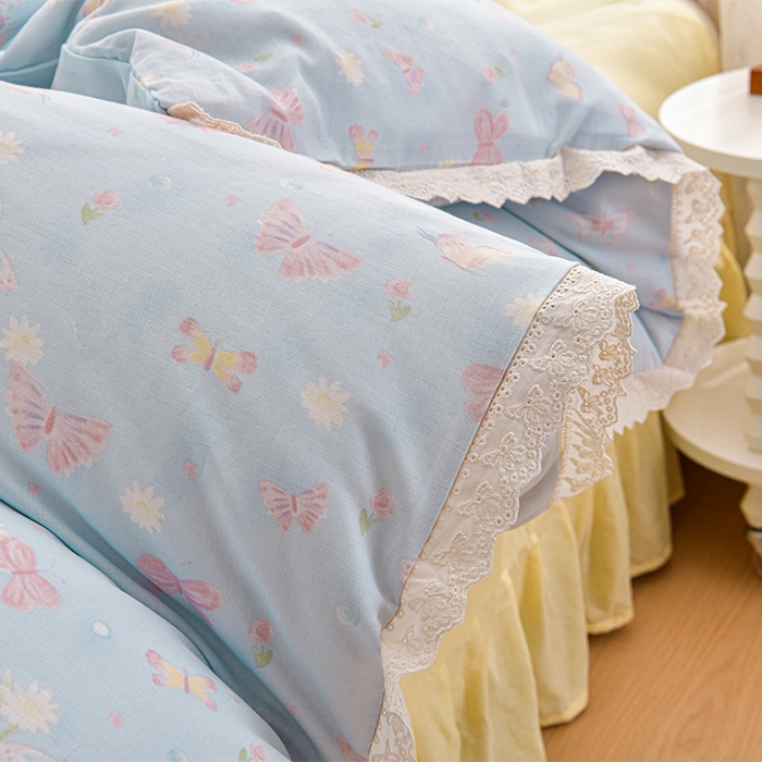 91家纺网 家纺一手货源 找家纺 绘萱家居 2026春夏新款纯棉100%全棉双层纱镂空花边工艺款床裙四件套 CQ雨蝶-蓝