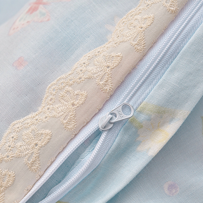 91家纺网 家纺一手货源 找家纺 绘萱家居 2026春夏新款纯棉100%全棉双层纱镂空花边工艺款床裙四件套 CQ雨蝶-蓝