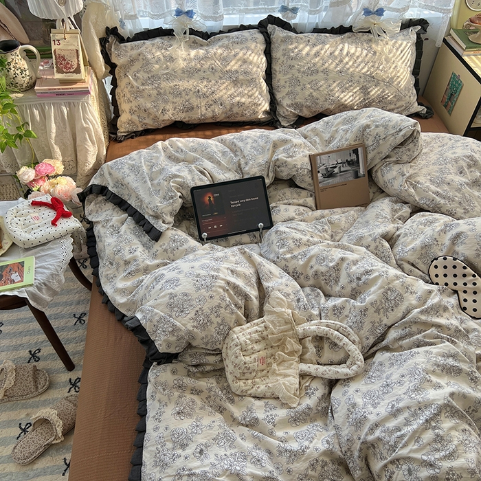 原素 2025少女心云感双层纱皱皱边花卉四件套 金枝玉叶