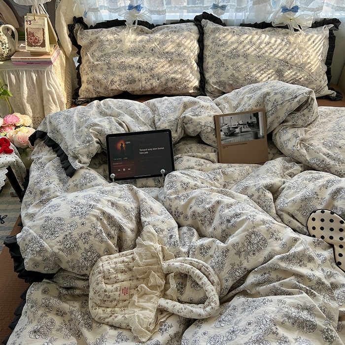 91家纺网 家纺一手货源 找家纺 原素 2025少女心云感双层纱皱皱边花卉四件套 金枝玉叶