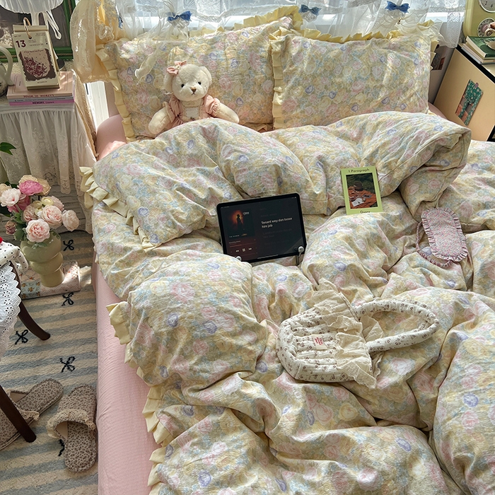 原素 2025少女心云感双层纱皱皱边花卉四件套 曼塔-奶黄边