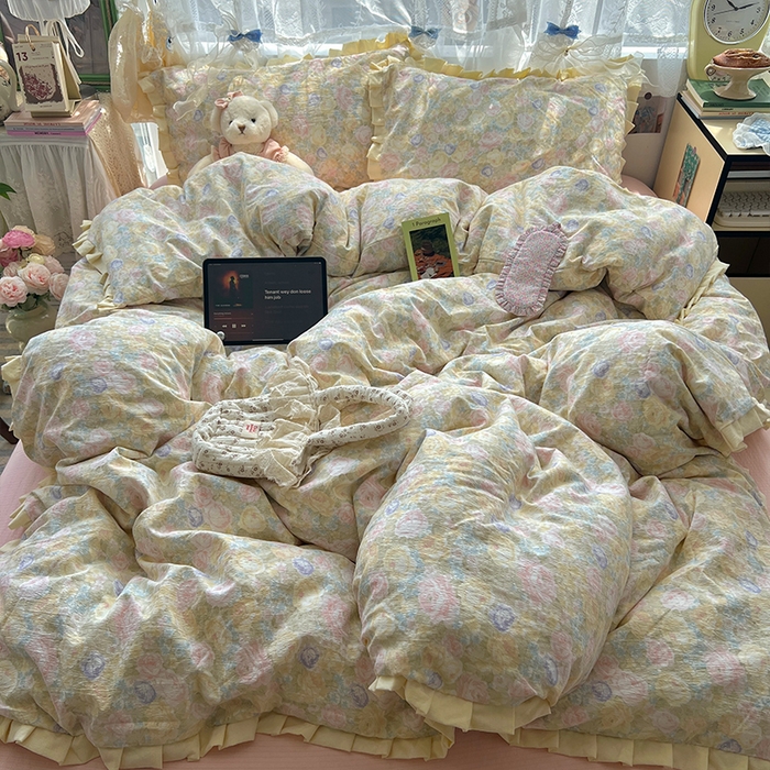 91家纺网 家纺一手货源 找家纺 原素 2025少女心云感双层纱皱皱边花卉四件套 曼塔-奶黄边