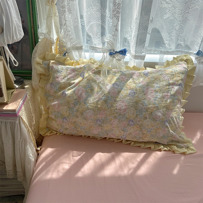 91家纺网 家纺一手货源 找家纺 原素 2025少女心云感双层纱皱皱边花卉四件套 曼塔-奶黄边