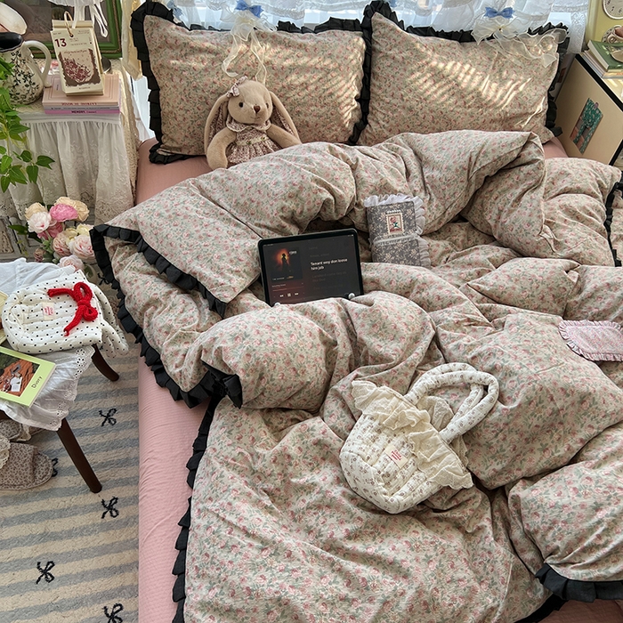 原素 2025少女心云感双层纱皱皱边花卉四件套 玫瑰恋