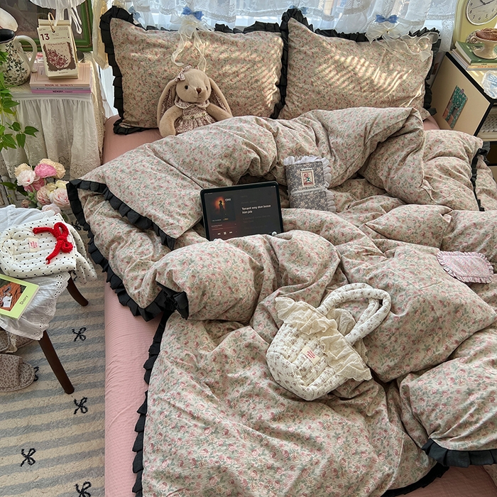 91家纺网 家纺一手货源 找家纺 原素 2025少女心云感双层纱皱皱边花卉四件套 玫瑰恋