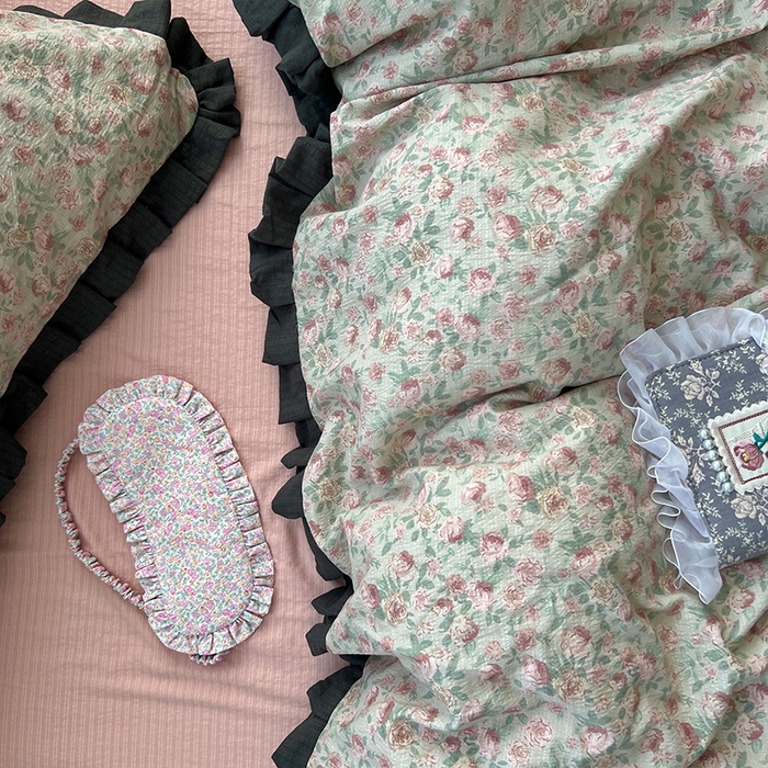 91家纺网 家纺一手货源 找家纺 原素 2025少女心云感双层纱皱皱边花卉四件套 玫瑰恋