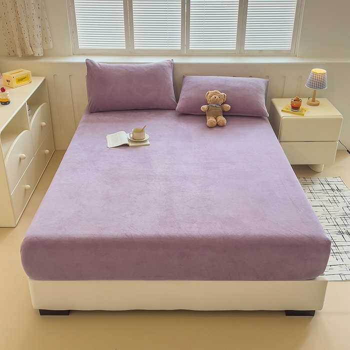 91家纺网 家纺一手货源 找家纺 合纵跨境工厂 2025新款加厚简约牛奶绒刺绣系列跨境外贸JIT一件代发TEMU亚马逊希音包过核价 床笠 桔梗紫