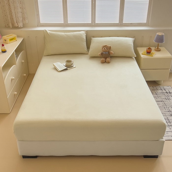 91家纺网 家纺一手货源 找家纺 合纵跨境工厂 2025新款加厚简约牛奶绒刺绣系列跨境外贸JIT一件代发TEMU亚马逊希音包过核价 床笠 奶油米