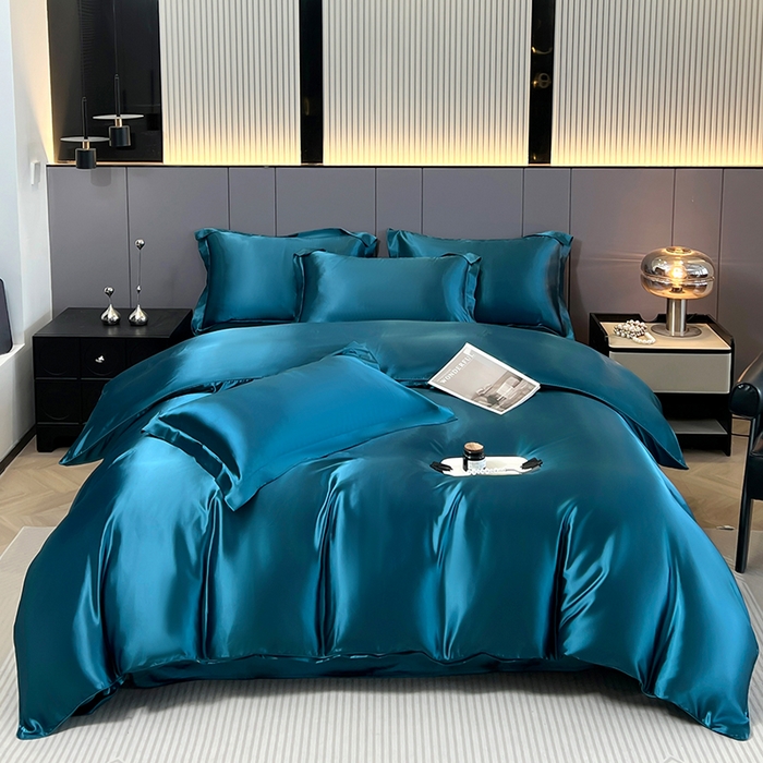 合纵跨境工厂 新款水洗真丝纯色四件套跨境外贸JIT一件代发TEMU亚马逊希音包过核价冰丝床单款床笠款四件套 巴黎蓝