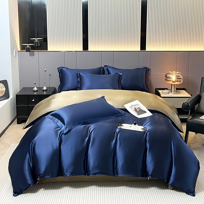 合纵跨境工厂 新款水洗真丝纯色四件套跨境外贸JIT一件代发TEMU亚马逊希音包过核价冰丝床单款床笠款四件套 藏蓝金