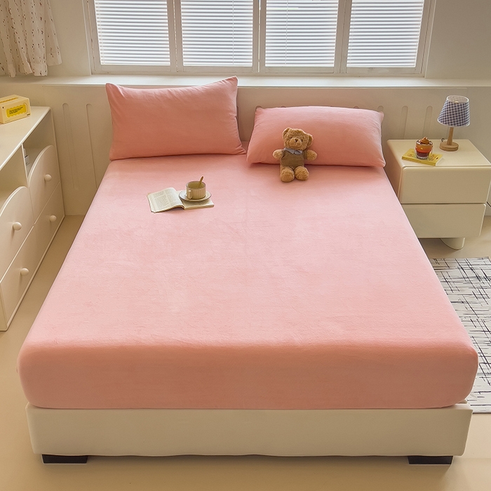 91家纺网 家纺一手货源 找家纺 合纵跨境工厂 2025新款加厚简约牛奶绒刺绣系列跨境外贸JIT一件代发TEMU亚马逊希音包过核价 床笠 桃花粉