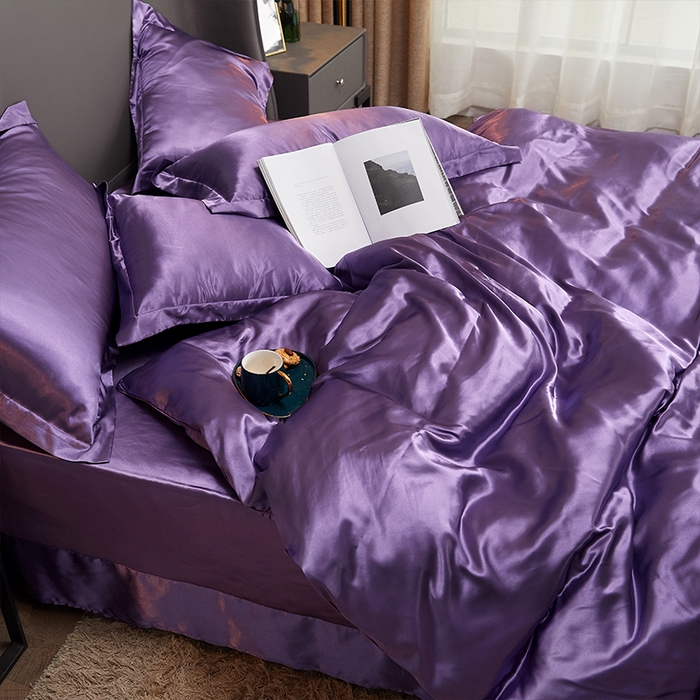 91家纺网 家纺一手货源 找家纺 合纵跨境工厂 新款水洗真丝纯色四件套跨境外贸JIT一件代发TEMU亚马逊希音包过核价冰丝床单款床笠款四件套 典雅紫