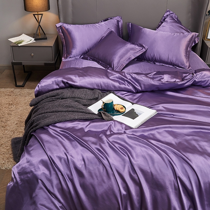91家纺网 家纺一手货源 找家纺 合纵跨境工厂 新款水洗真丝纯色四件套跨境外贸JIT一件代发TEMU亚马逊希音包过核价冰丝床单款床笠款四件套 典雅紫