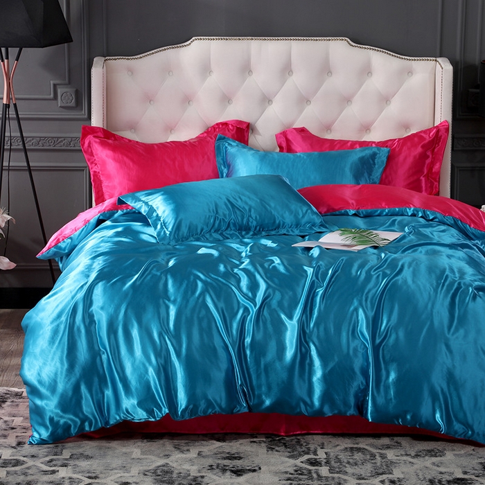 91家纺网 家纺一手货源 找家纺 合纵跨境工厂 新款水洗真丝纯色四件套跨境外贸JIT一件代发TEMU亚马逊希音包过核价冰丝床单款床笠款四件套 湖蓝红