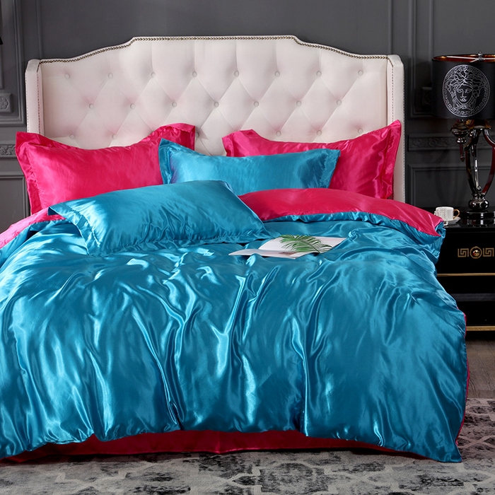 91家纺网 家纺一手货源 找家纺 合纵跨境工厂 新款水洗真丝纯色四件套跨境外贸JIT一件代发TEMU亚马逊希音包过核价冰丝床单款床笠款四件套 湖蓝红