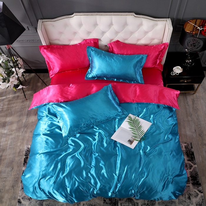 91家纺网 家纺一手货源 找家纺 合纵跨境工厂 新款水洗真丝纯色四件套跨境外贸JIT一件代发TEMU亚马逊希音包过核价冰丝床单款床笠款四件套 湖蓝红