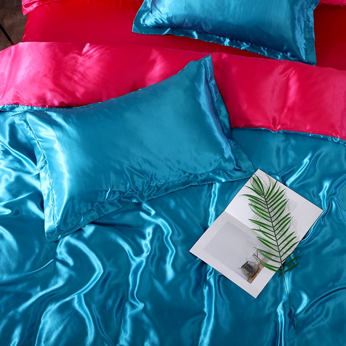 91家纺网 家纺一手货源 找家纺 合纵跨境工厂 新款水洗真丝纯色四件套跨境外贸JIT一件代发TEMU亚马逊希音包过核价冰丝床单款床笠款四件套 湖蓝红