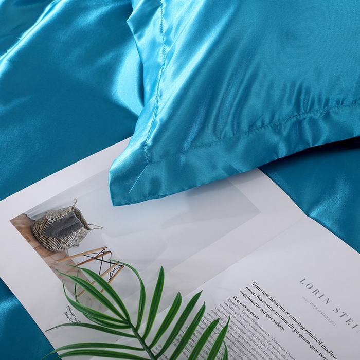 91家纺网 家纺一手货源 找家纺 合纵跨境工厂 新款水洗真丝纯色四件套跨境外贸JIT一件代发TEMU亚马逊希音包过核价冰丝床单款床笠款四件套 湖蓝红