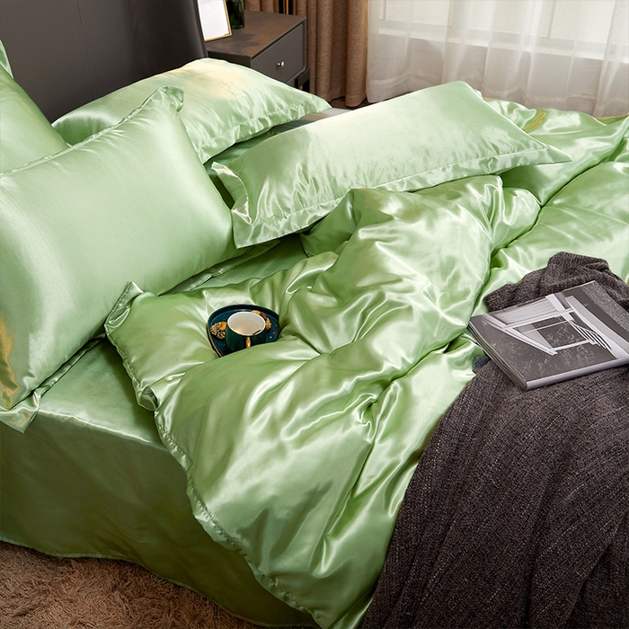 91家纺网 家纺一手货源 找家纺 合纵跨境工厂 新款水洗真丝纯色四件套跨境外贸JIT一件代发TEMU亚马逊希音包过核价冰丝床单款床笠款四件套 琥珀绿