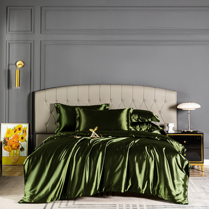 合纵跨境工厂 新款水洗真丝纯色四件套跨境外贸JIT一件代发TEMU亚马逊希音包过核价冰丝床单款床笠款四件套 军绿