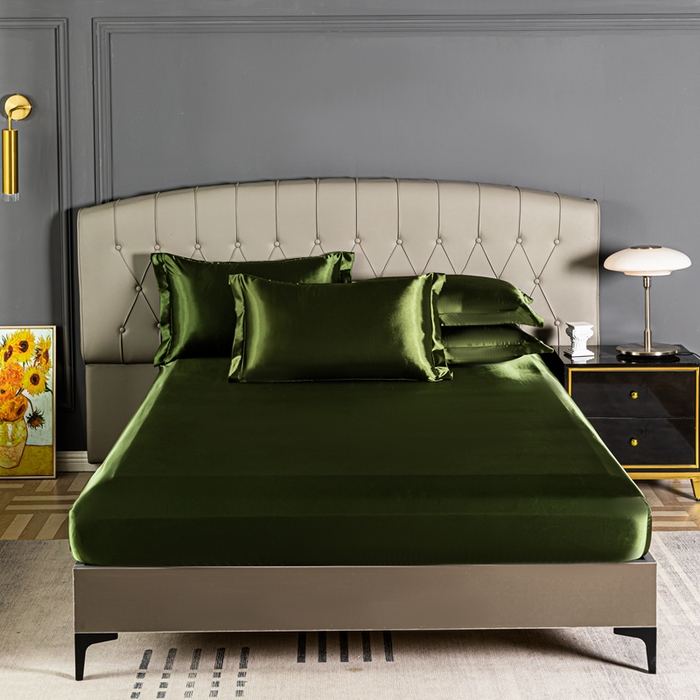 91家纺网 家纺一手货源 找家纺 合纵跨境工厂 新款水洗真丝纯色四件套跨境外贸JIT一件代发TEMU亚马逊希音包过核价冰丝床单款床笠款四件套 军绿