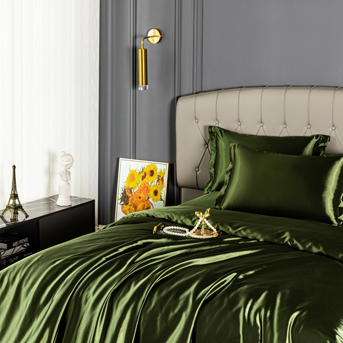 91家纺网 家纺一手货源 找家纺 合纵跨境工厂 新款水洗真丝纯色四件套跨境外贸JIT一件代发TEMU亚马逊希音包过核价冰丝床单款床笠款四件套 军绿