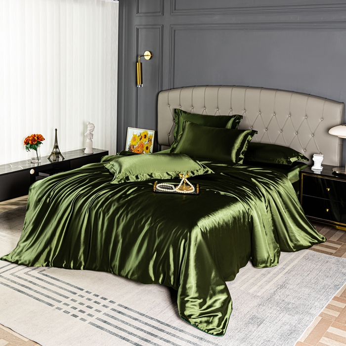91家纺网 家纺一手货源 找家纺 合纵跨境工厂 新款水洗真丝纯色四件套跨境外贸JIT一件代发TEMU亚马逊希音包过核价冰丝床单款床笠款四件套 军绿