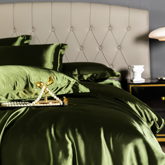 91家纺网 家纺一手货源 找家纺 合纵跨境工厂 新款水洗真丝纯色四件套跨境外贸JIT一件代发TEMU亚马逊希音包过核价冰丝床单款床笠款四件套 军绿