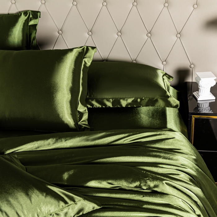 91家纺网 家纺一手货源 找家纺 合纵跨境工厂 新款水洗真丝纯色四件套跨境外贸JIT一件代发TEMU亚马逊希音包过核价冰丝床单款床笠款四件套 军绿