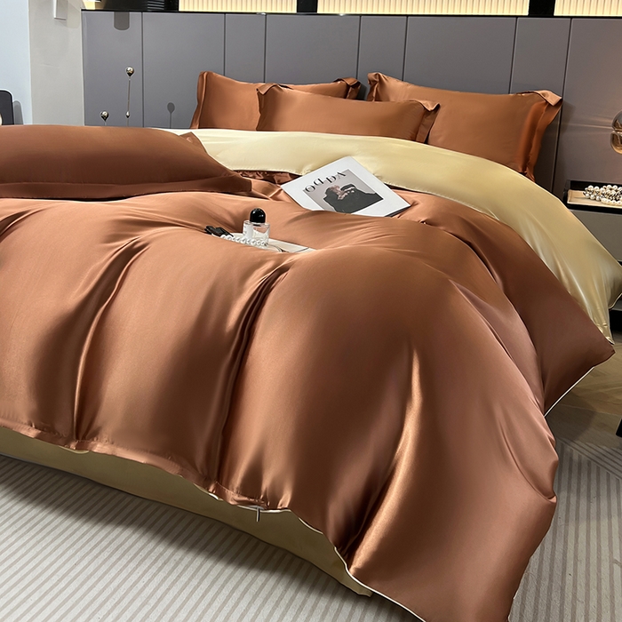 91家纺网 家纺一手货源 找家纺 合纵跨境工厂 新款水洗真丝纯色四件套跨境外贸JIT一件代发TEMU亚马逊希音包过核价冰丝床单款床笠款四件套 咖啡驼