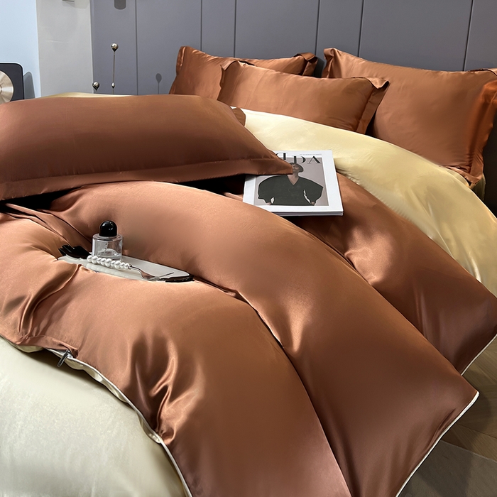 91家纺网 家纺一手货源 找家纺 合纵跨境工厂 新款水洗真丝纯色四件套跨境外贸JIT一件代发TEMU亚马逊希音包过核价冰丝床单款床笠款四件套 咖啡驼