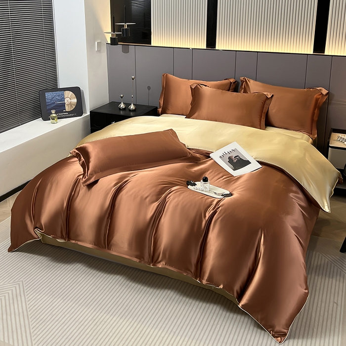 91家纺网 家纺一手货源 找家纺 合纵跨境工厂 新款水洗真丝纯色四件套跨境外贸JIT一件代发TEMU亚马逊希音包过核价冰丝床单款床笠款四件套 咖啡驼