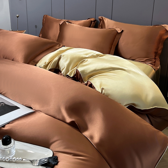 91家纺网 家纺一手货源 找家纺 合纵跨境工厂 新款水洗真丝纯色四件套跨境外贸JIT一件代发TEMU亚马逊希音包过核价冰丝床单款床笠款四件套 咖啡驼