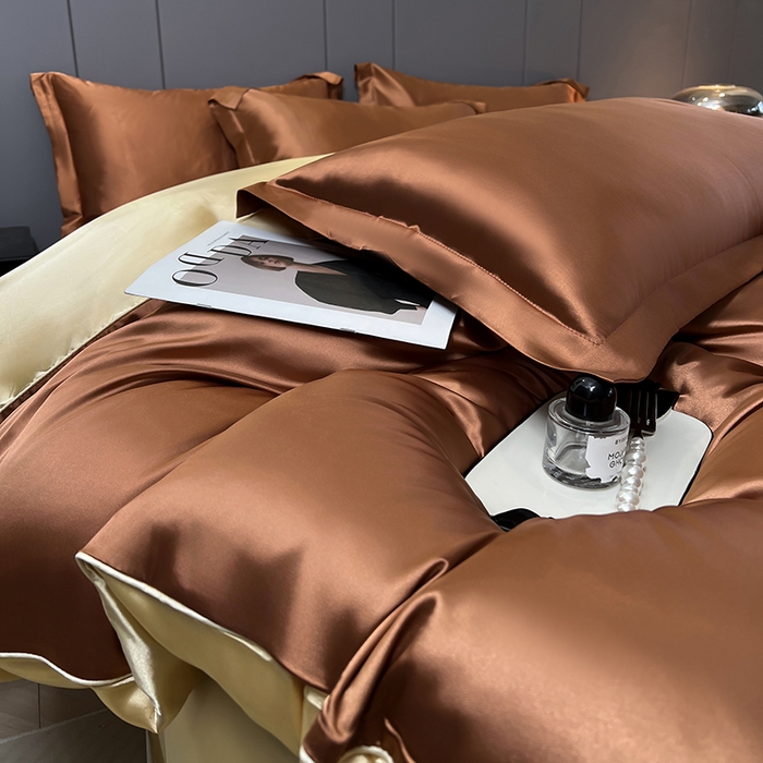 91家纺网 家纺一手货源 找家纺 合纵跨境工厂 新款水洗真丝纯色四件套跨境外贸JIT一件代发TEMU亚马逊希音包过核价冰丝床单款床笠款四件套 咖啡驼